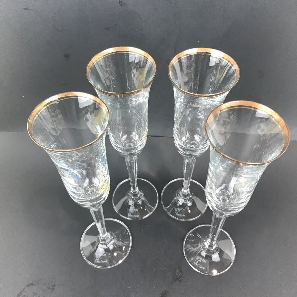 Set of 4 Wheaton Crystal 9.5" glasses, gold rimmed